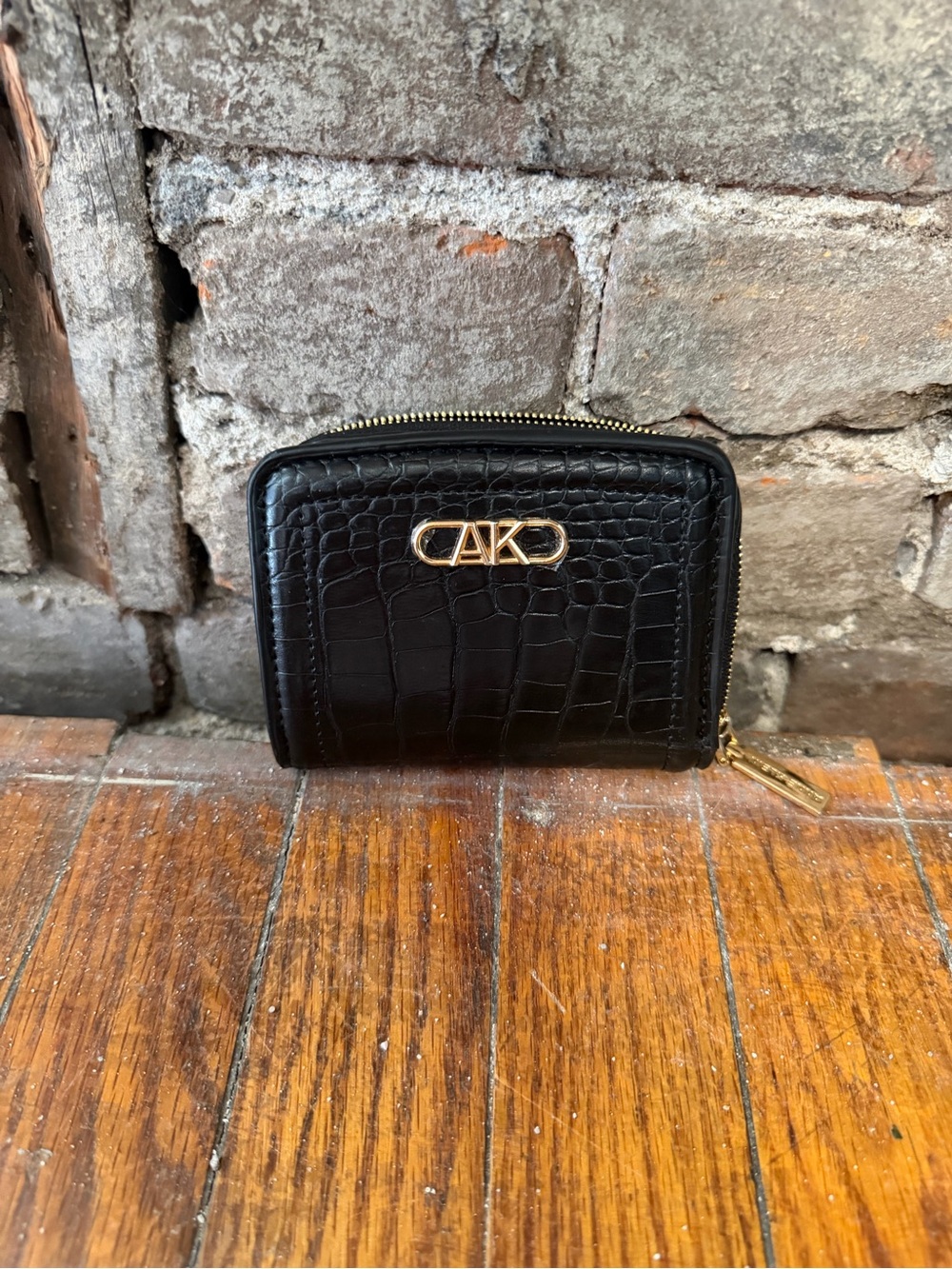 Anne Klein Black Croc-Embossed Zip Wallet with Gold Logo